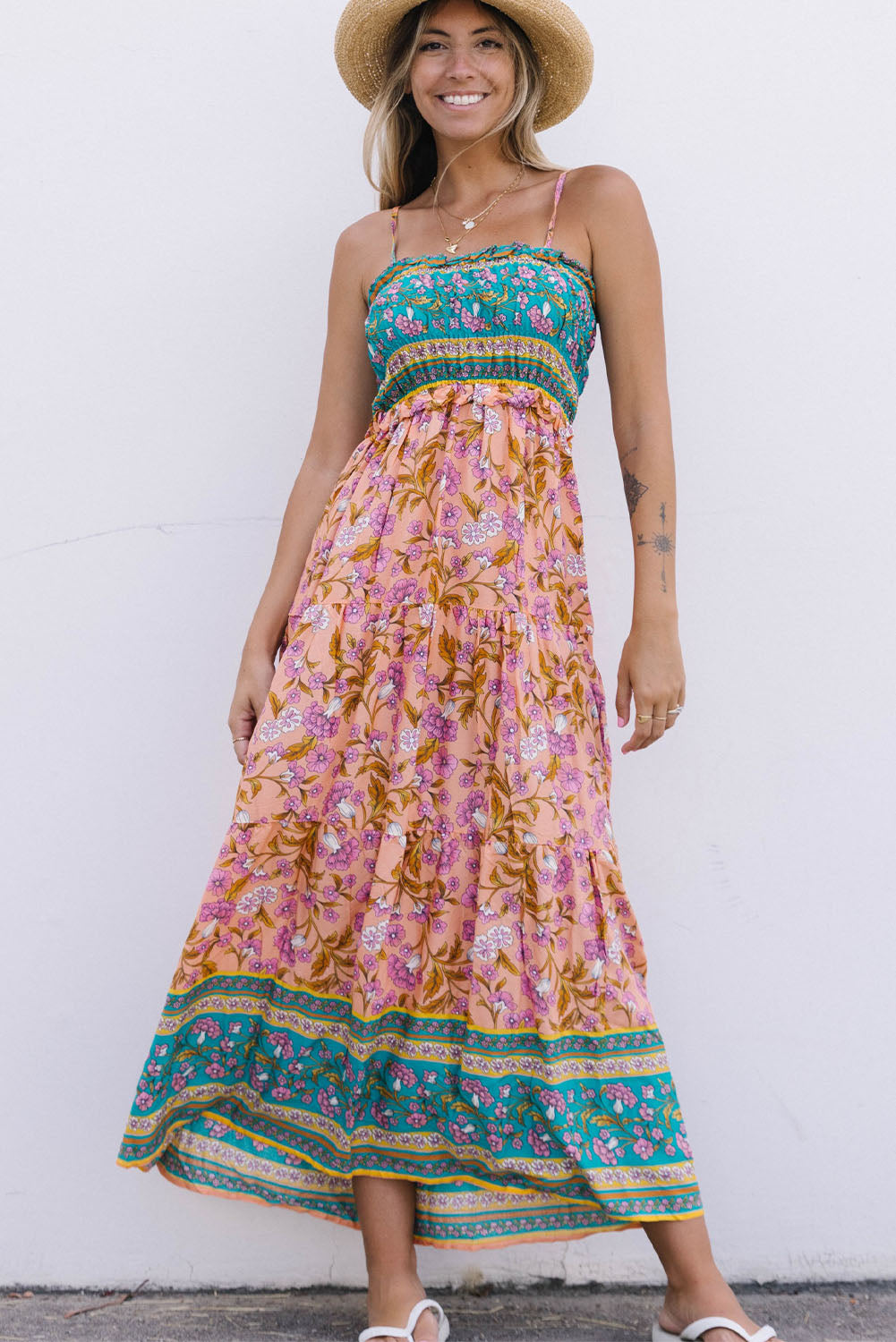 Floral Print Bodice Spaghetti Strap Maxi Dress | Affordable Maxi