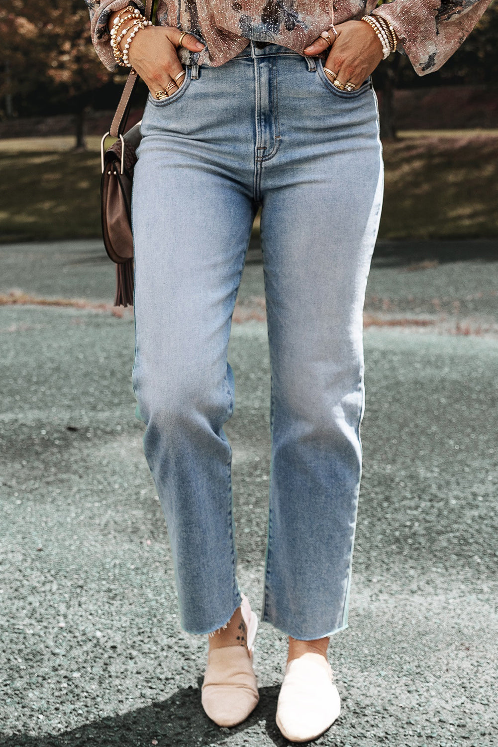 Acid Wash Raw Edge Straight Jeans, a unique combination of classic denim style with a modern distressed edge.