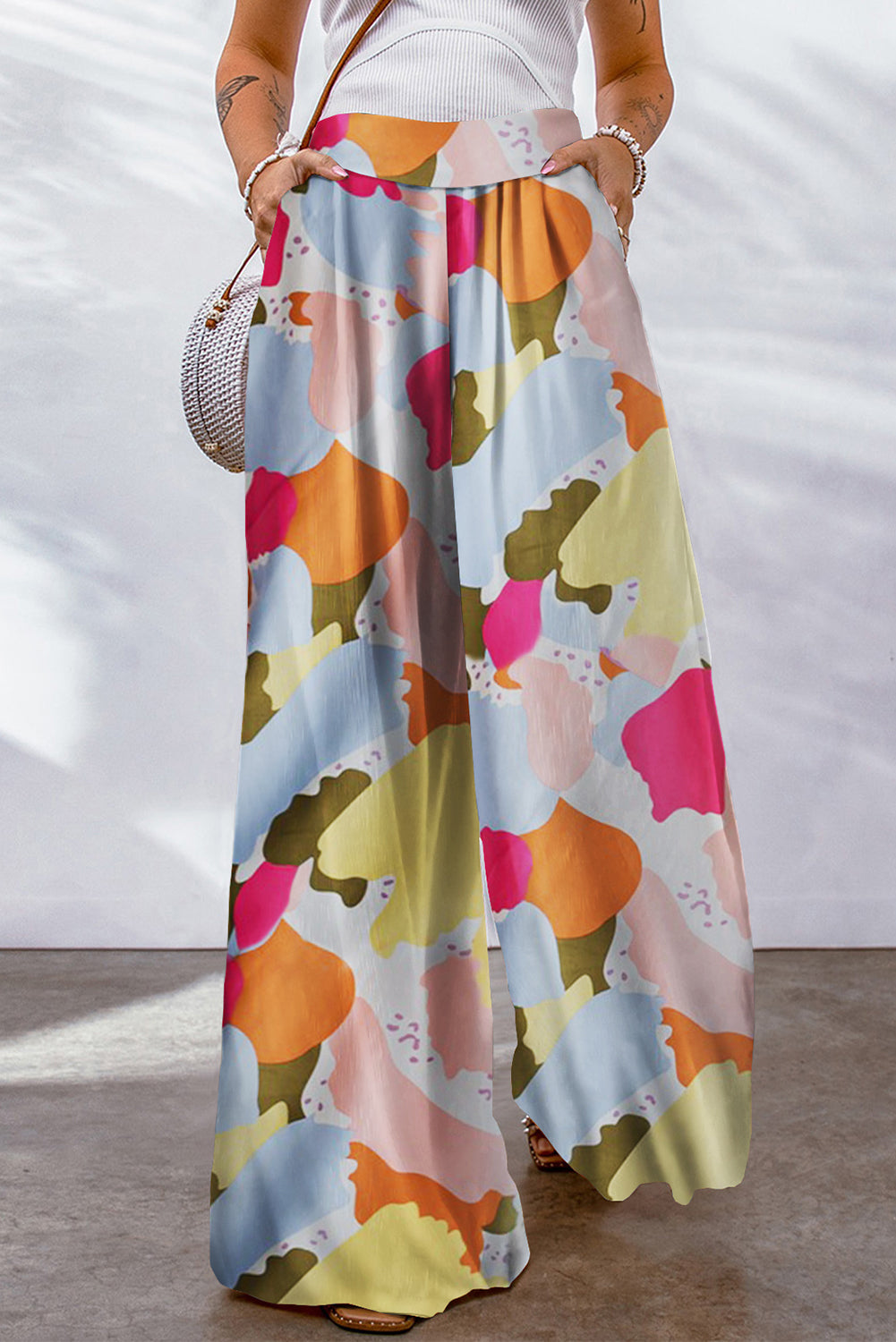 Multicoloured Palette Print Flowy Wide Leg Pants