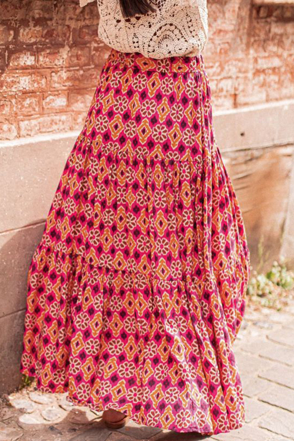 Romantic vintage floral print tiered maxi skirt in a classic rose colour for a timeless look.