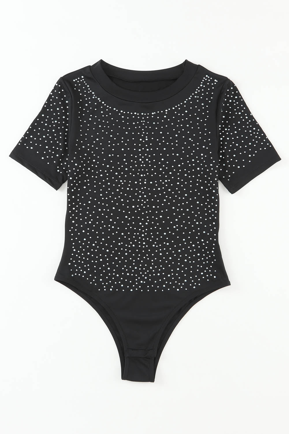 Sparkle and shine in this gorgeous black rhinestone bodysuit, featuring an allover round neck and short sleeves.