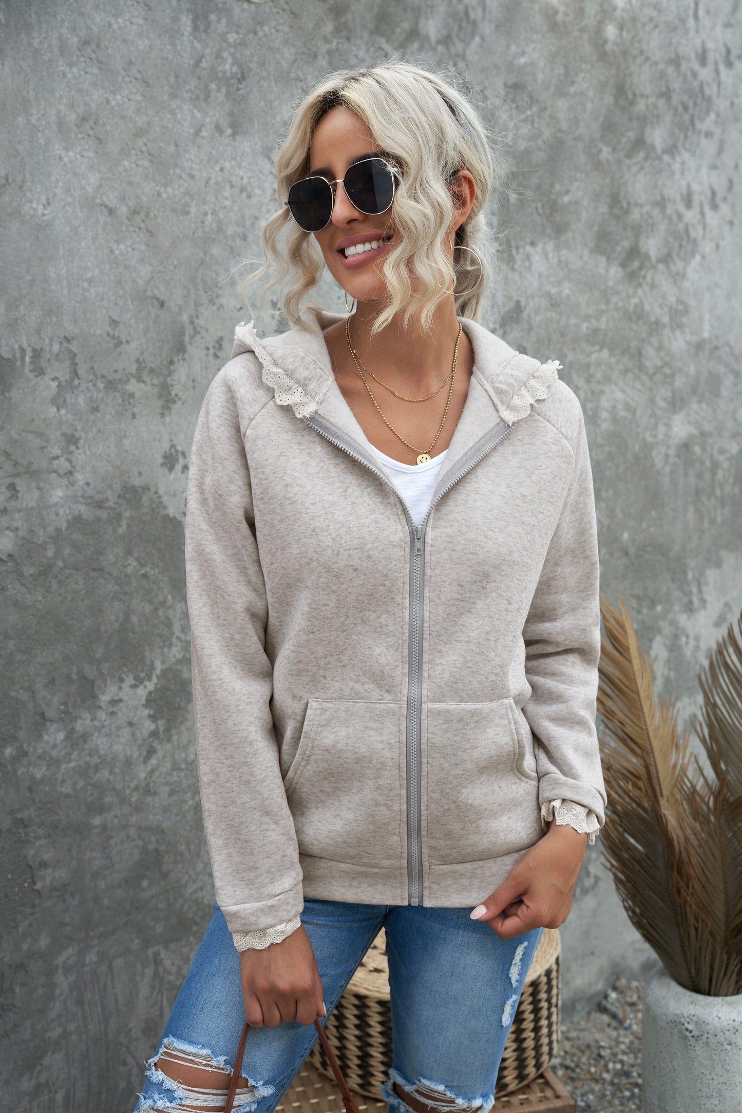 Zip-up Lace Trim Hooded Jacket