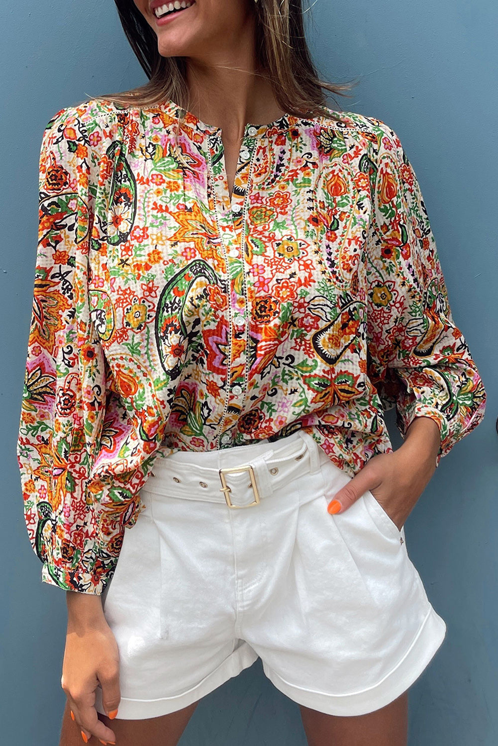 This feminine, cotton shirt features multicoloured floral print lace splicing and puff sleeves for a subtle yet stylish twist on a classic silhouette.