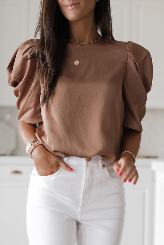 Brown Keyhole Back Puff Sleeve Crew Neck Top - Elegant and Stylish Women's Top.