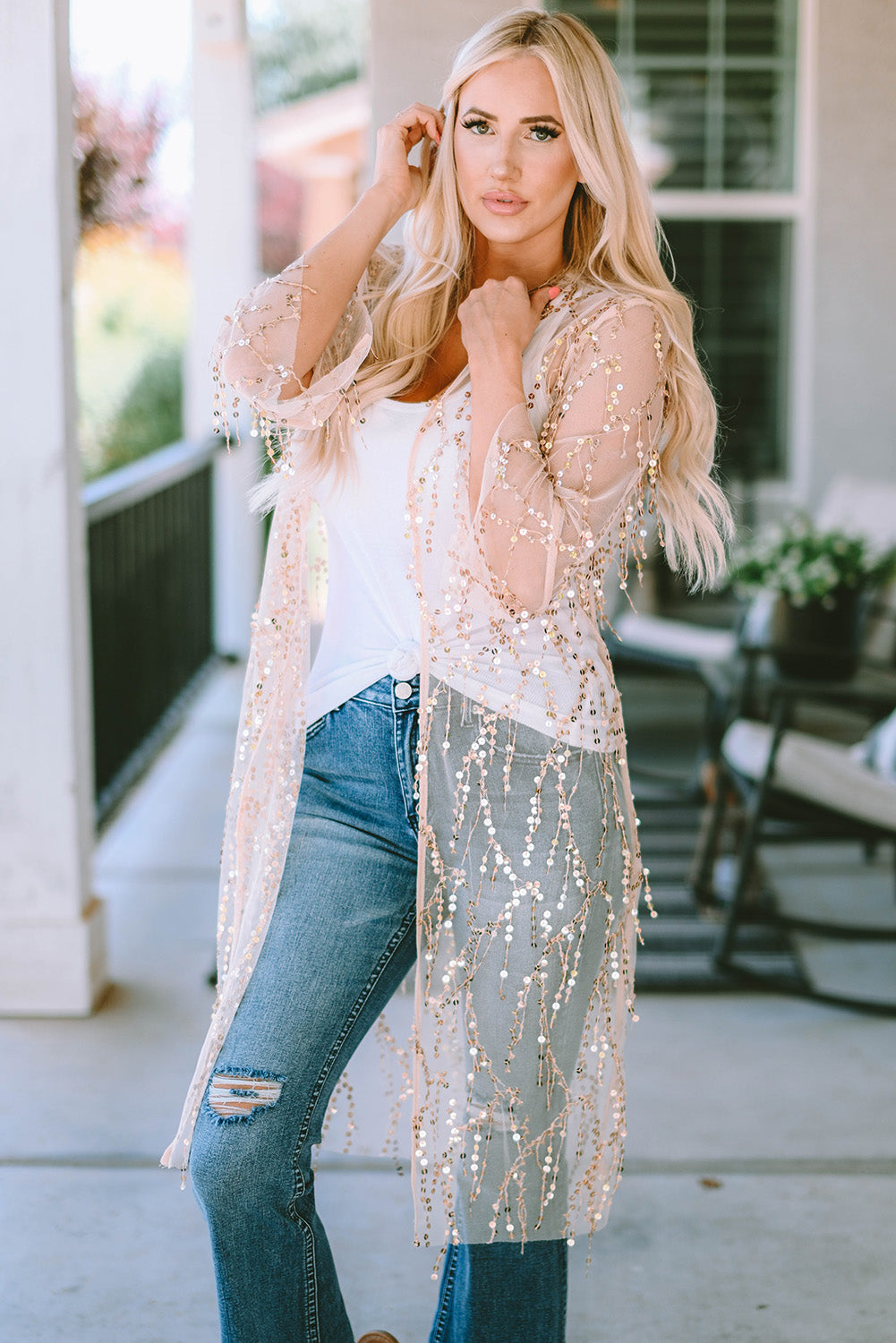 Create timeless style with this beautiful Sequin Sheer Long Sleeve Open Front Kimono - lightweight mesh and dazzling sequin detailing crafted in a laid-back fit for instant style drama!