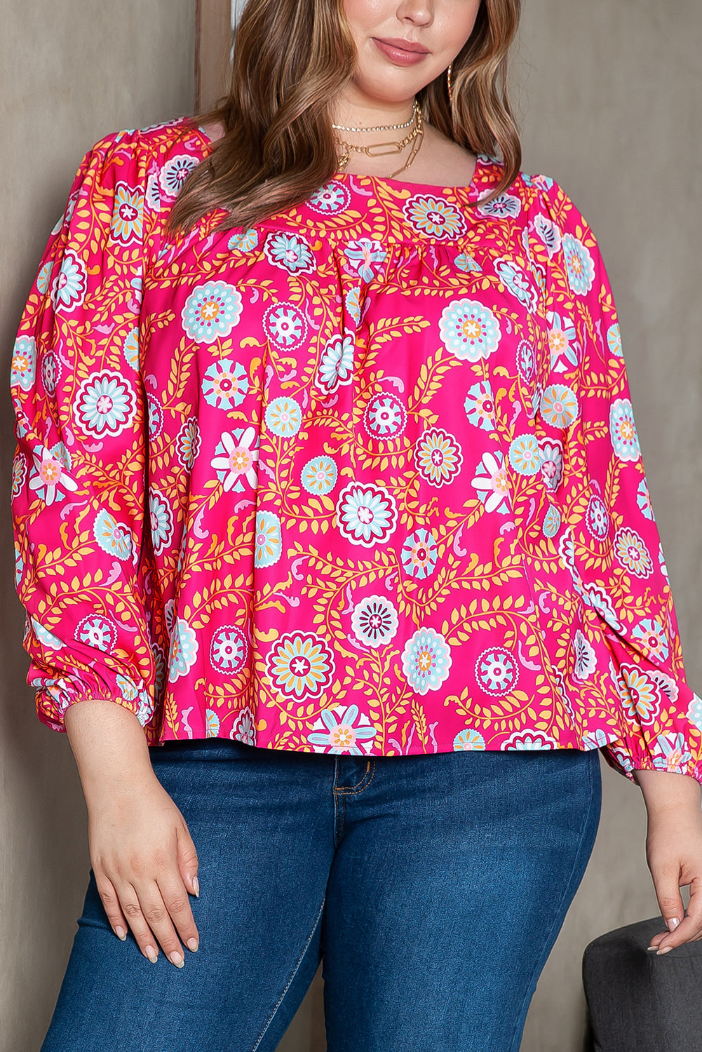 Pink Plus Size Square Neck Floral Blouse - Flattering, feminine, and perfect for any occasion.