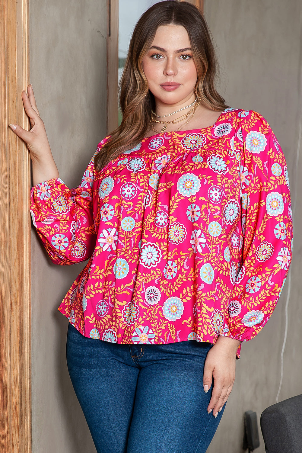 Pink Plus Size Square Neck Floral Blouse - Flattering, feminine, and perfect for any occasion.