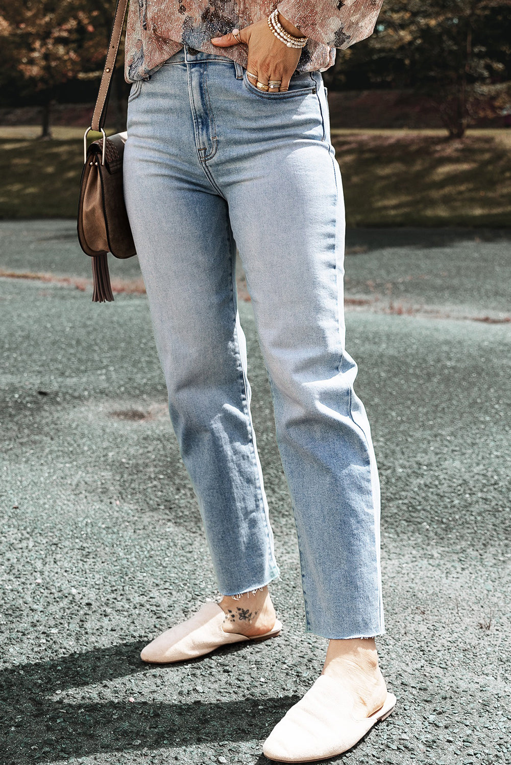 Acid Wash Raw Edge Straight Jeans, a unique combination of classic denim style with a modern distressed edge.