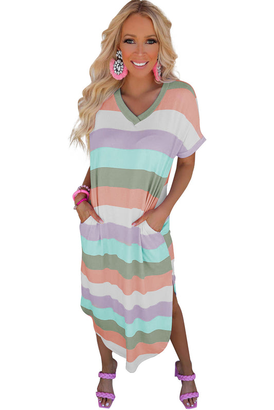 Striped V Neck T Shirt Midi Dress