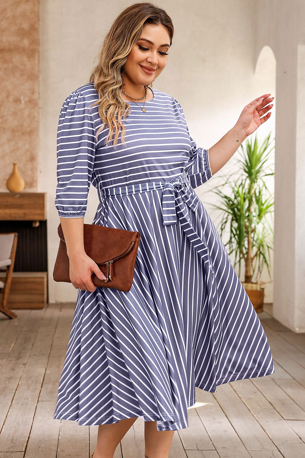 Striped Tie Waist 3/4 Sleeve Plus Size Dress