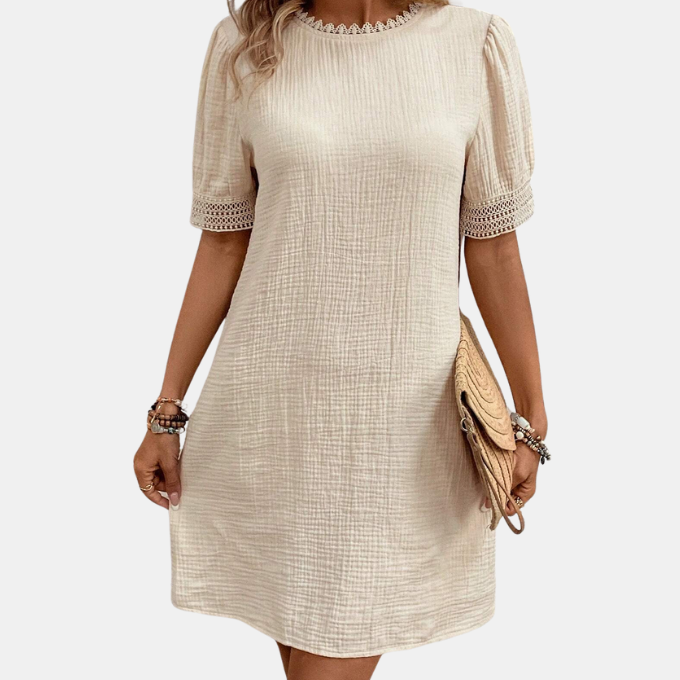 Lace Trim Puff Sleeve Shift Mini Dress