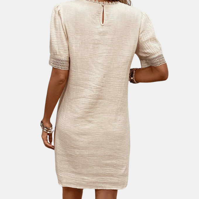 Lace Trim Puff Sleeve Shift Mini Dress