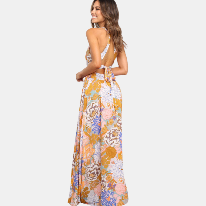 Floral Backless Lace up Sleeveless Maxi Dress