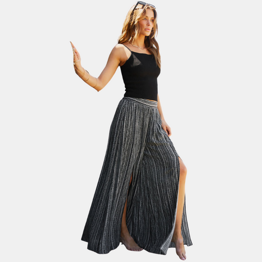 Black Striped Printed Slit Wide Leg Pants