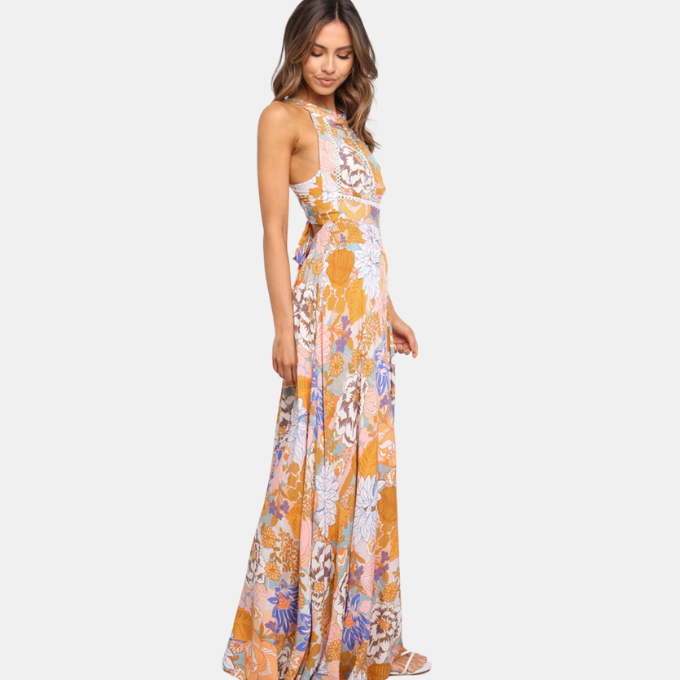 Floral Backless Lace up Sleeveless Maxi Dress