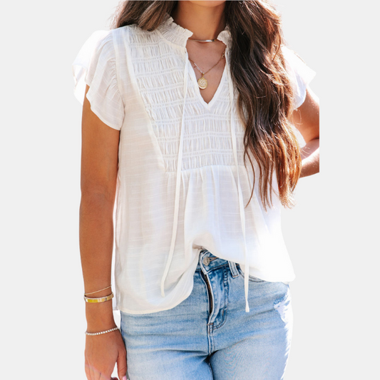 Pleated Drawstring V Neck Blouse