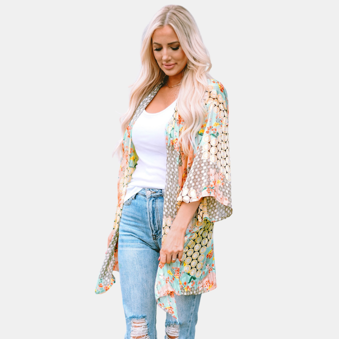 Floral Open Front Shimmer Kimono