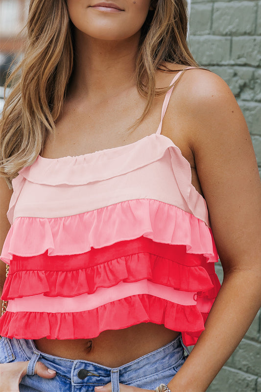 Be bold and beautiful this summer in this gradient ruffle tiered spaghetti straps tank top. Featuring a low-back design and layered ruffled peplum design, this tank top is ideal for modern and stylish looks. Dress it up or down, with a variety of pants, leggings, and shorts.