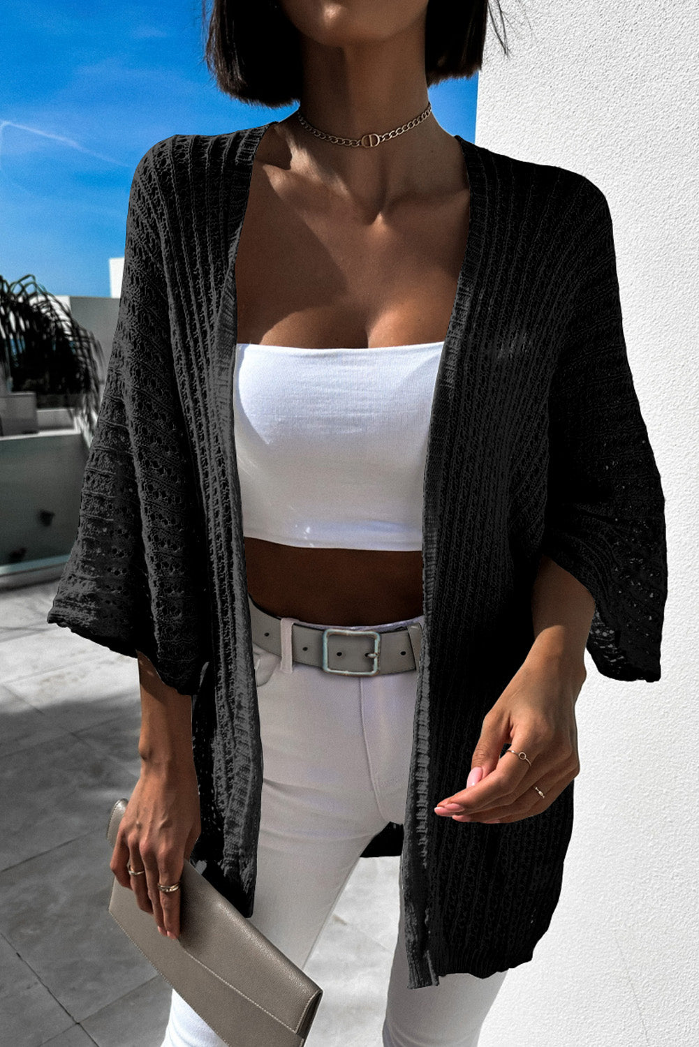 Hollow-out Knit Kimono Cardigan