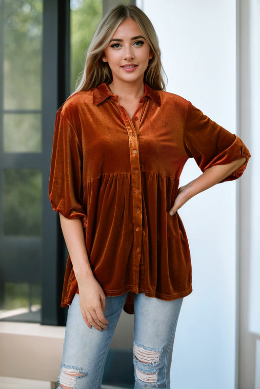 This chestnut 3/4 sleeve babydoll velvet tunic is perfect for adding a touch of sophistication to any look!