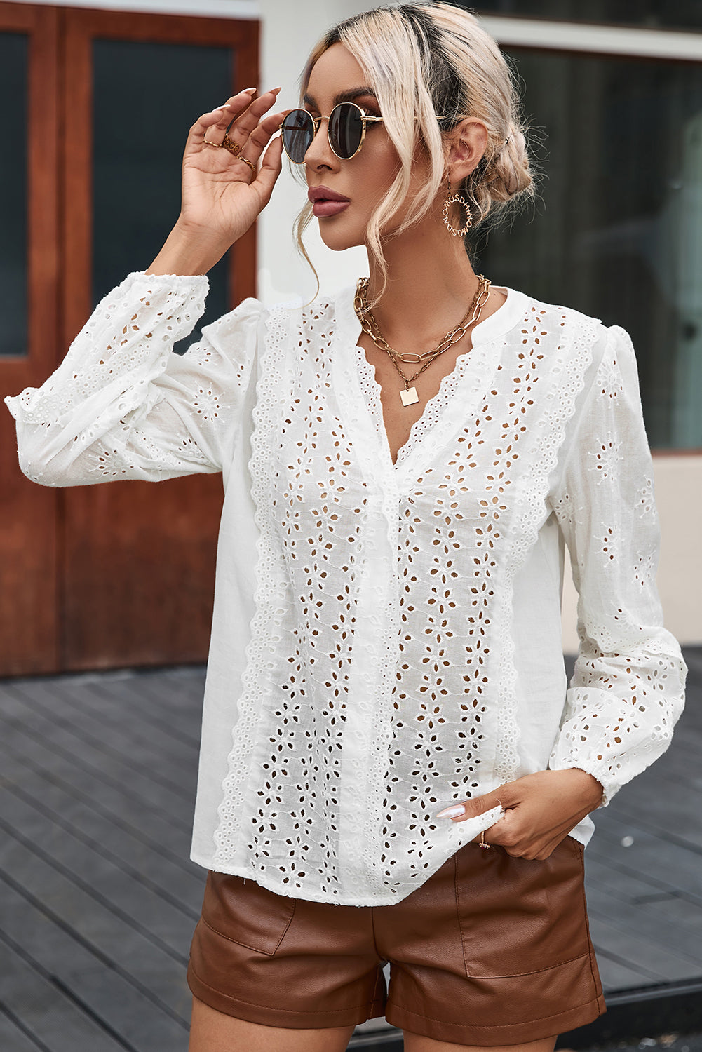 Exclusive White Eyelet Lace Puff Sleeve Split Neck Blouse