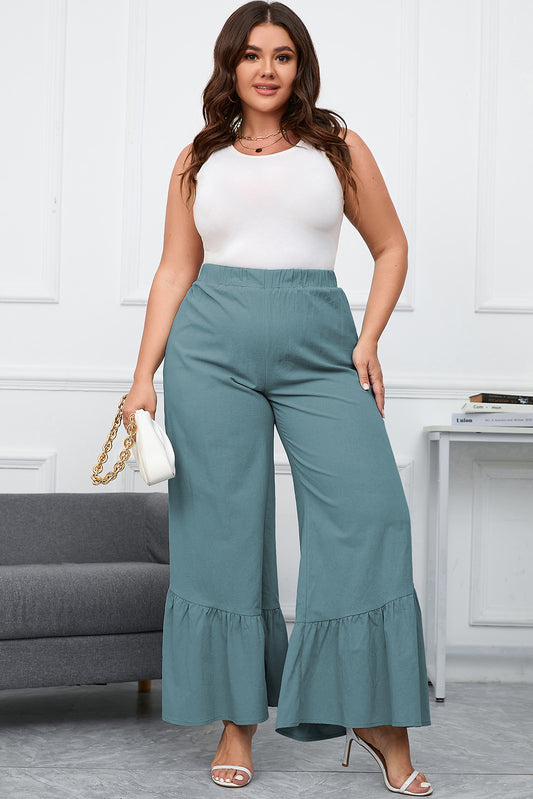 Stunning plus size high waist wide leg pants with chic ruffle patchwork, perfect for comfortable and stylish wear.