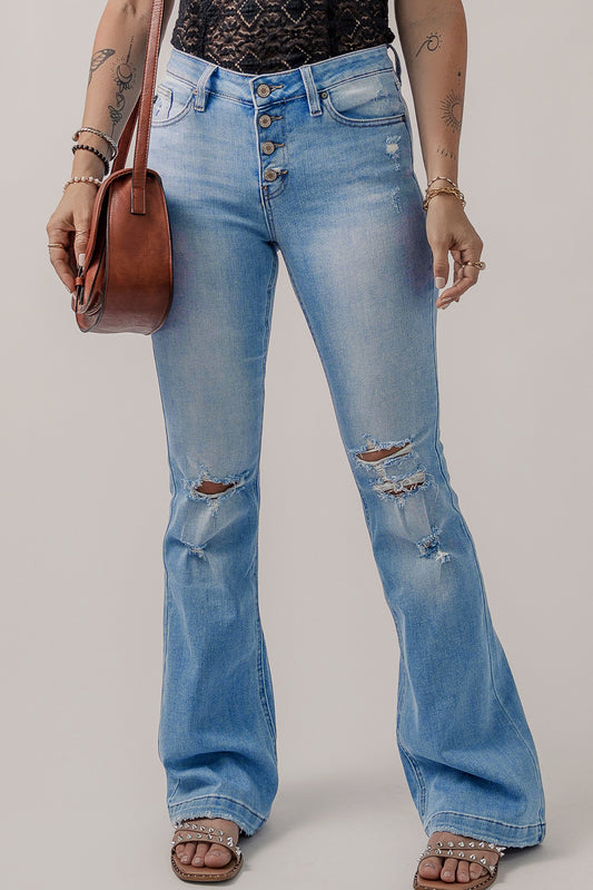 High waist, multi-button front, ripped flare jeans, perfect for creating a stylish, elongated silhouette.