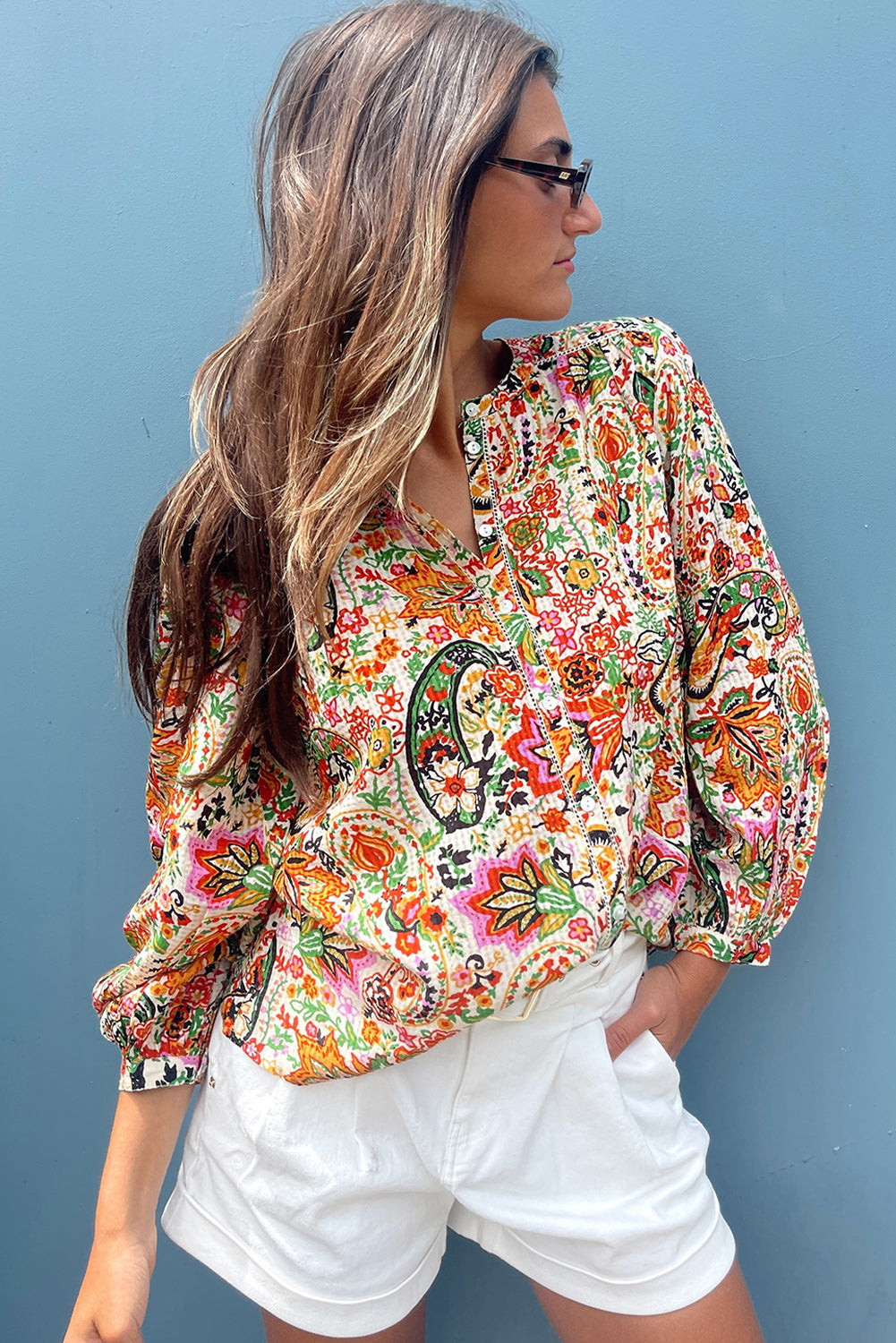 Multicoloured Floral Print Puff Sleeve Shirt | Women's Cotton