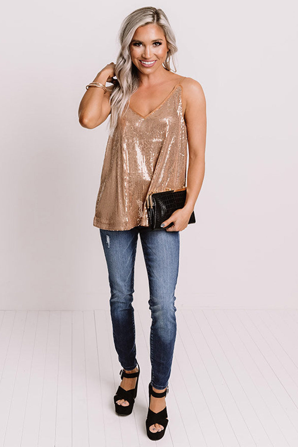 Sparkling Sequin Tank Top with Spaghetti Straps